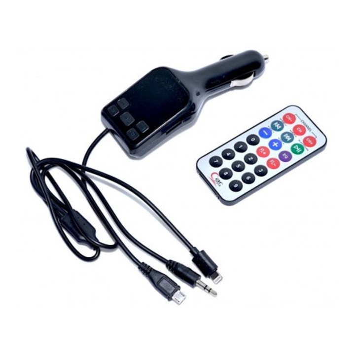 Modulator FM pentru bricheta cu Mp3 Player, telecomanda 8in1, conectori Jack 3.5m mama&tata/Lightning/Micro-USB, slot Micro-USB/USB A, Plastic, Negru