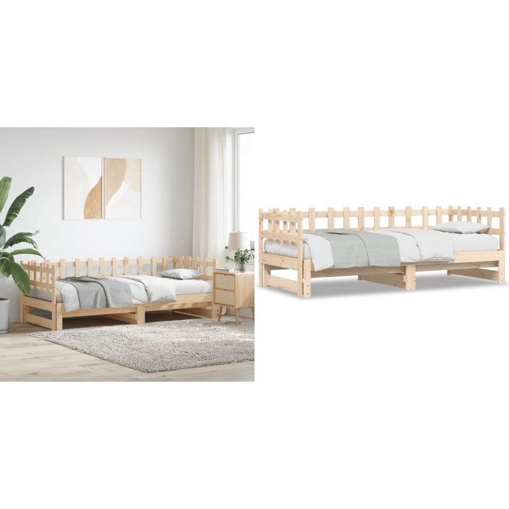 Pat de zi extensibil, 2x(90x200) cm, lemn masiv de pin
