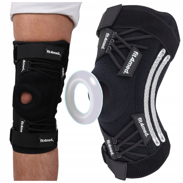 Orteza De Genunchi, Marimea L, Stabilizator Cu Orificiu Pentru Rotula, Arcuri Laterale, Curele Reglabile, Reduc Presiunea Asupra Articulatiei, Protejeaza Ligamentele, Material Respirabil, Universala Pentru Piciorul Drept Si Stang, Negru