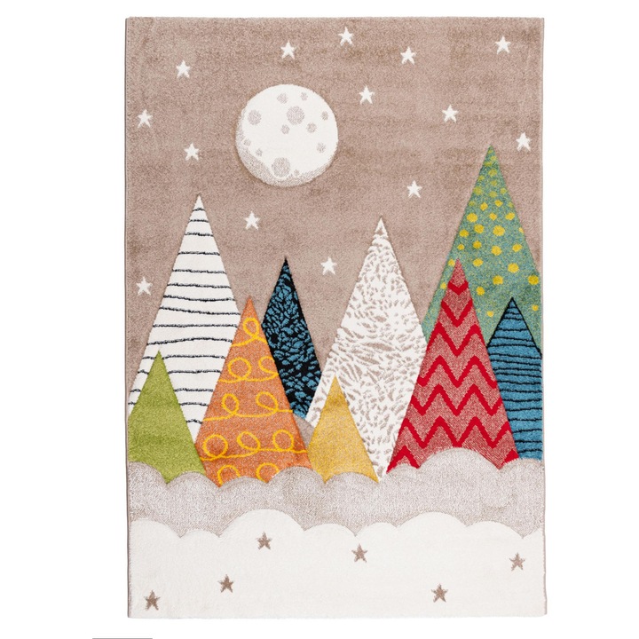 Covor pentru copii, e-floor, Bond Kids, 80x150 cm, model munti si luna, dreptunghiular, multicolor, polipropilena, moale si pufos, certificat Oeko-Tex, pentru camera de joaca a copiilor