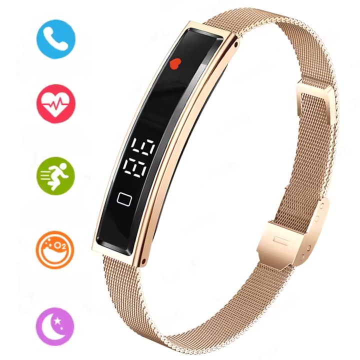 Смарт фитнес гривна ANGAVO© 2025, мониторинг на здравето и съня, LED дисплей, фитнес тракер, крачкомер, водоустойчивост IP68, издръжлива батерия, елегантен дизайн, за ежедневна употреба и спортни дейности