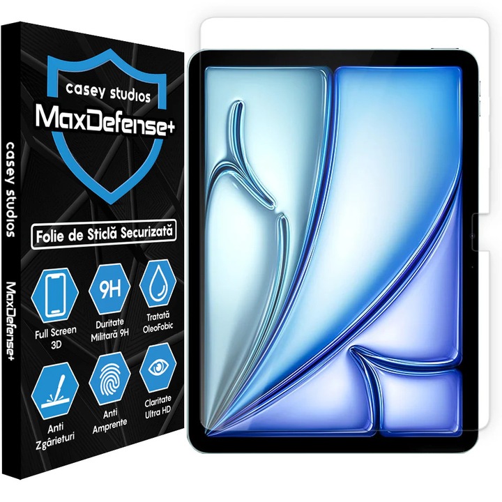 CASEY STUDIOS™ üvegfólia Apple iPad Air 11 2025-höz, Full Cover 3D, Teljes Ragasztás, Edzett Üveg, Ultra HD, Professzionális Képernyővédelem 3D, Karcálló, Ütésálló, Átlátszó