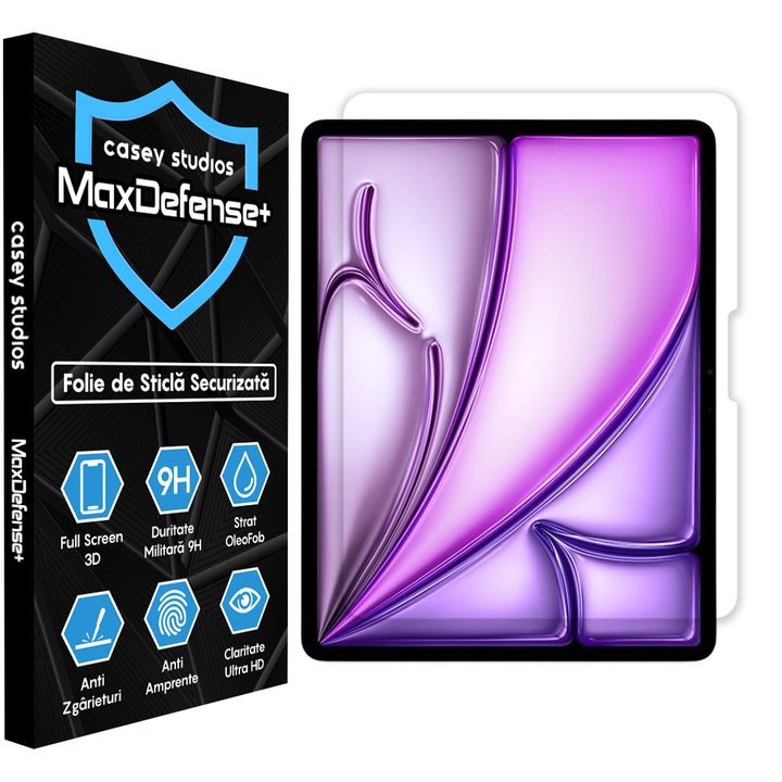 Folie Sticla CASEY STUDIOS™ pentru Apple iPad Air 13 2025, Full Cover 3D, Full Glue, Sticla Securizata, Ultra HD, Protectie Profesionala Ecran 3D, Anti Zgarieturi, Anti Socuri, Transparenta
