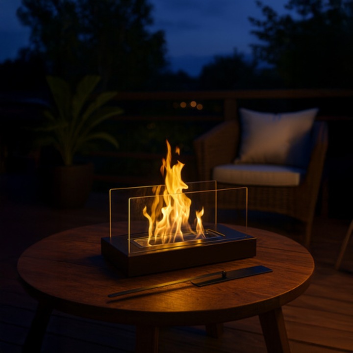 Semineu bio VarioShop®, fara fum si miros, 2 pereti din sticla anti-flacara, rezervor 250 ml cu fibra ceramica, autonomie 60 min, perfect pentru casa, birou sau terasa, 35 x 18 x 17 cm