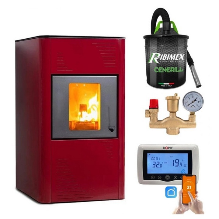 Pachet Termosemineu pe peleti Termax Kamin PM 15 kW, 120 mp, buncar peleti 30 kg, volum apa 30 litri, diametru cos fum ⌀80 mm, vas expansiune si pompa recirculare incluse, Termostat inteligent KOPH CT99, Grup de siguranta, Aspirator cenusa