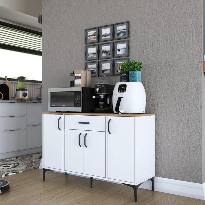 Dulap multifunctional cu sertar, alb cu blat nuc, din PAL, Jerra