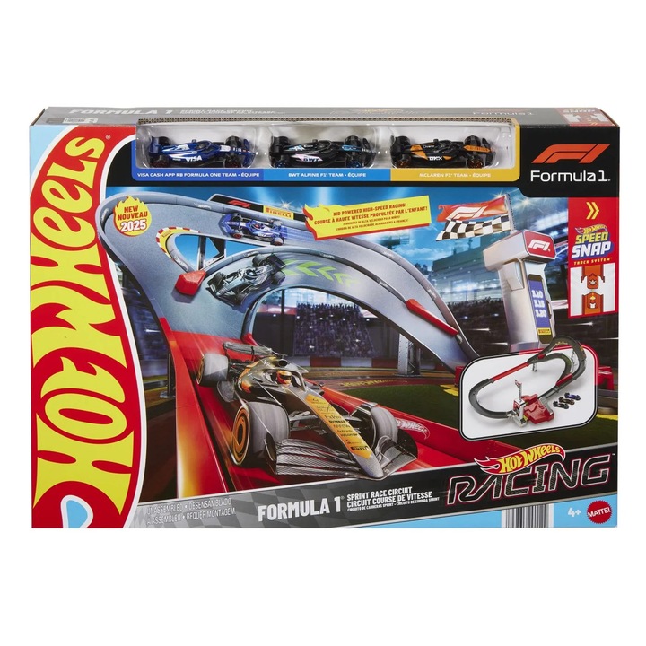Set circuit de curse Hot Wheels Formula 1 cu 3 masinute, Mattel, mecanism de lansare Speed Snap, viteza, adrenalina