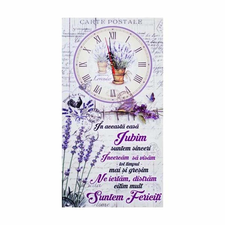 Tablou cu mesaj "In aceasta casa..." si ceas, model lavanda