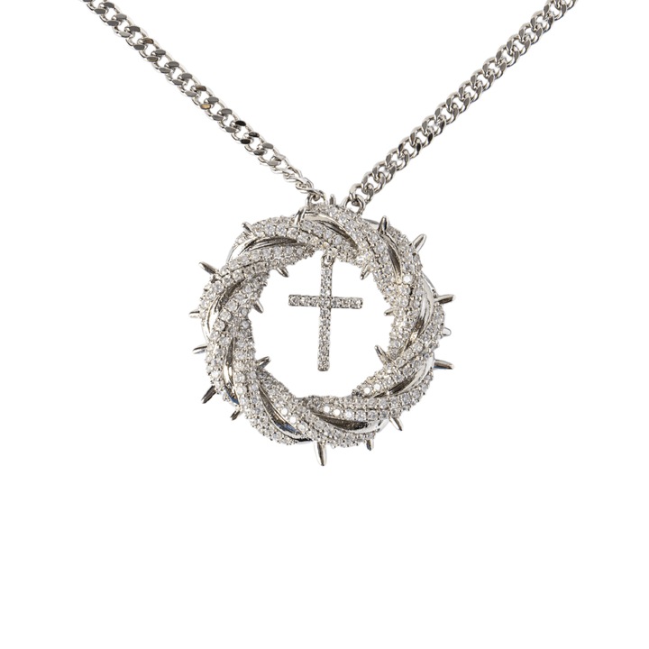 Protectie si Credinta - Colier Cruce cu Zirconiu si Coroana Circulara, Placat Argintiu