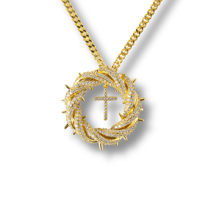 Credinta si Protectie - Colier Cruce cu Zirconiu si Coroana Circulara, Placat Auriu