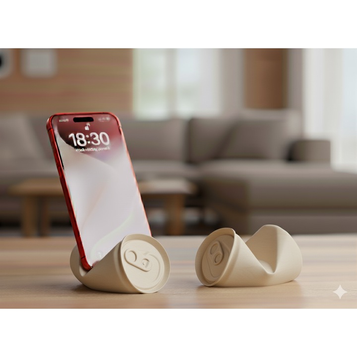 Decoratiune suport haios pentru telefon, model doza de suc, culoare imitatie de lemn, model universal, cadou inedit si amuzant smartphone, material bioplastic