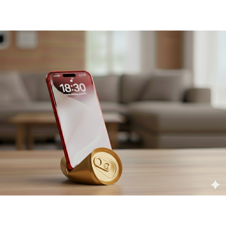 Decoratiune suport haios pentru telefon, model doza de suc, culoare auriu, model universal, cadou inedit si amuzant smartphone, material bioplastic