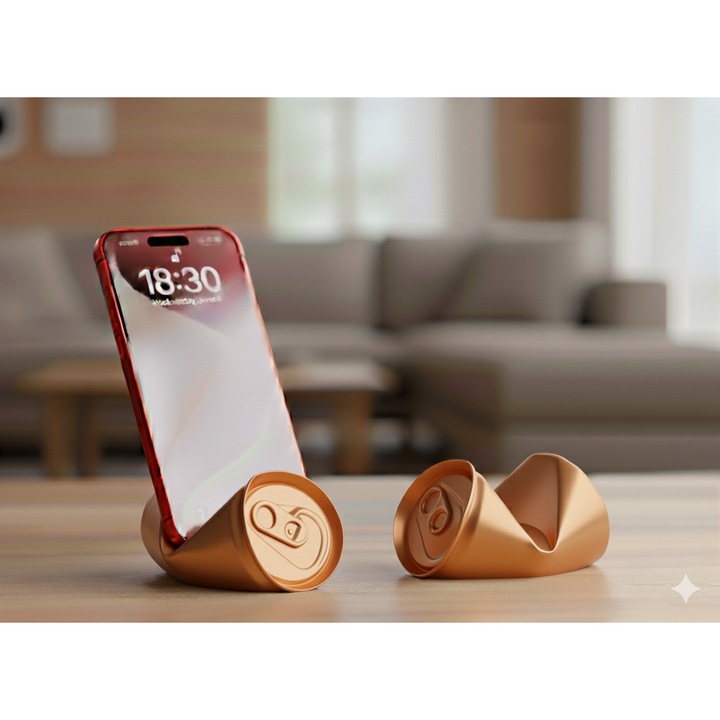 Decoratiune suport haios pentru telefon, model doza de suc, culoare bronz - cupru, model universal, cadou inedit si amuzant smartphone, material bioplastic