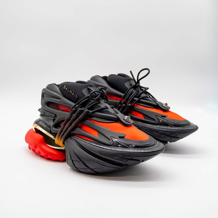 Маратонки Balmain Unicorn, Неопрен и телешка кожа, черни със златни и червени детайли, Червен/Черен