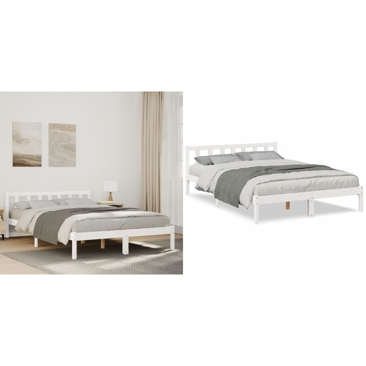 Cadru pat foarte lung fara saltea alb 160x210 cm lemn masiv pin