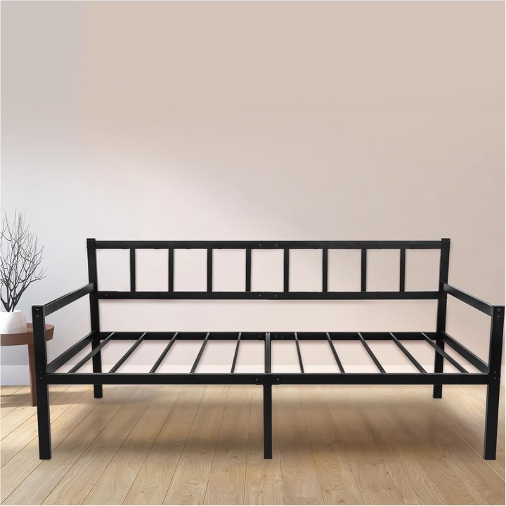 Cadru 2 in 1 pat sau canapea DREAMZIE, din metal, 90 x 200 x 36 cm, potrivit pentru o persoana, culoare negru