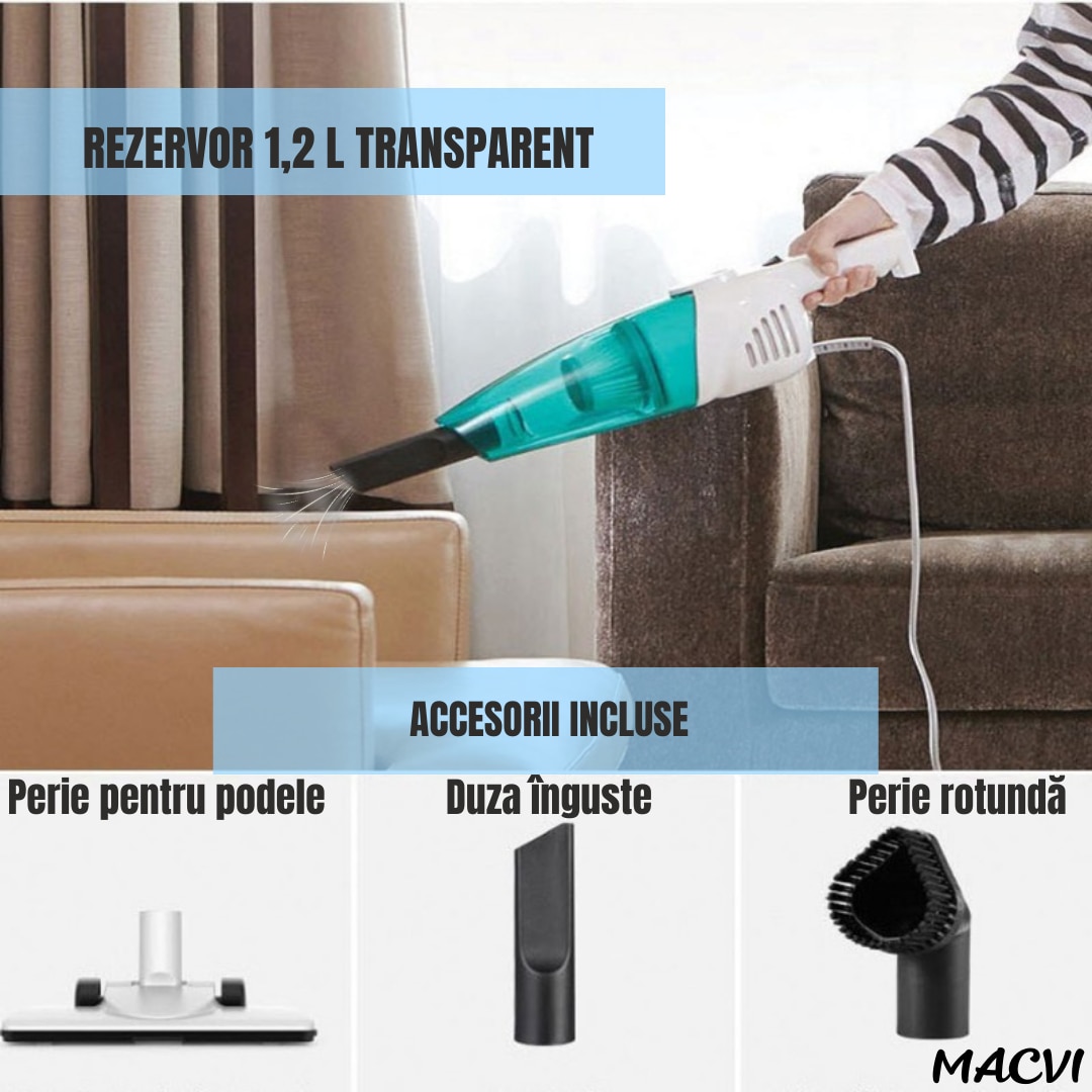 Aspirator Macvi, vertical si de mana 2 in 1, 600W, alb/albastru