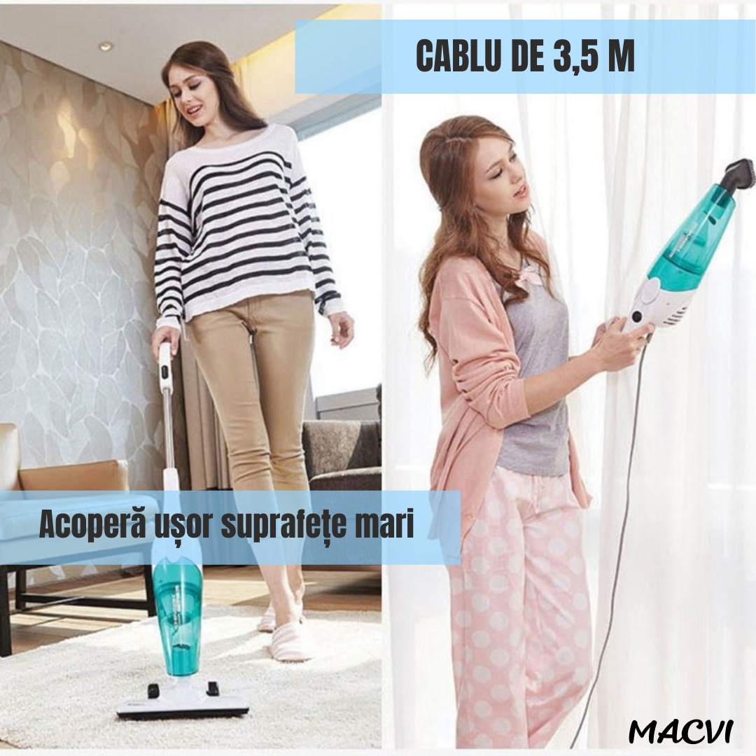 Aspirator Macvi, vertical si de mana 2 in 1, 600W, alb/albastru