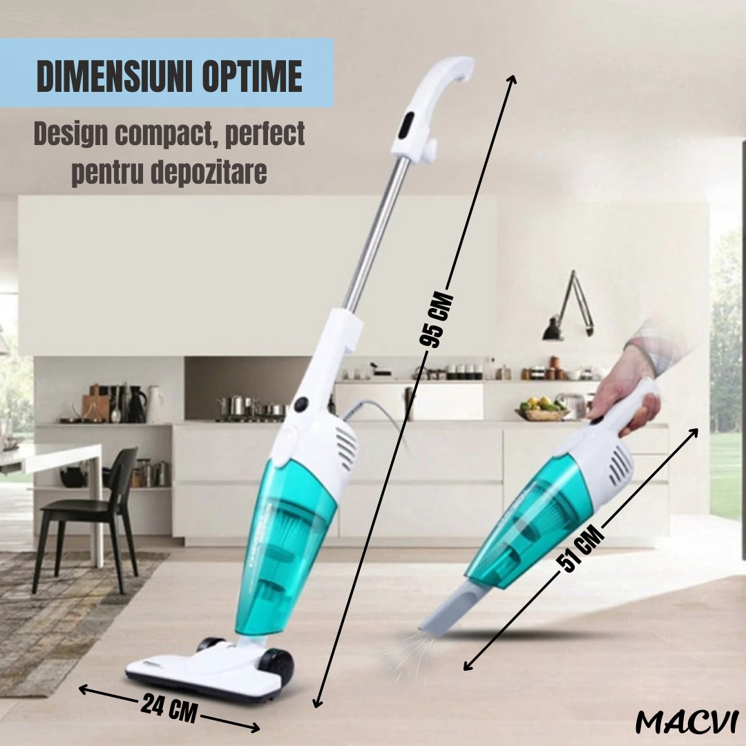 Aspirator Macvi, vertical si de mana 2 in 1, 600W, alb/albastru