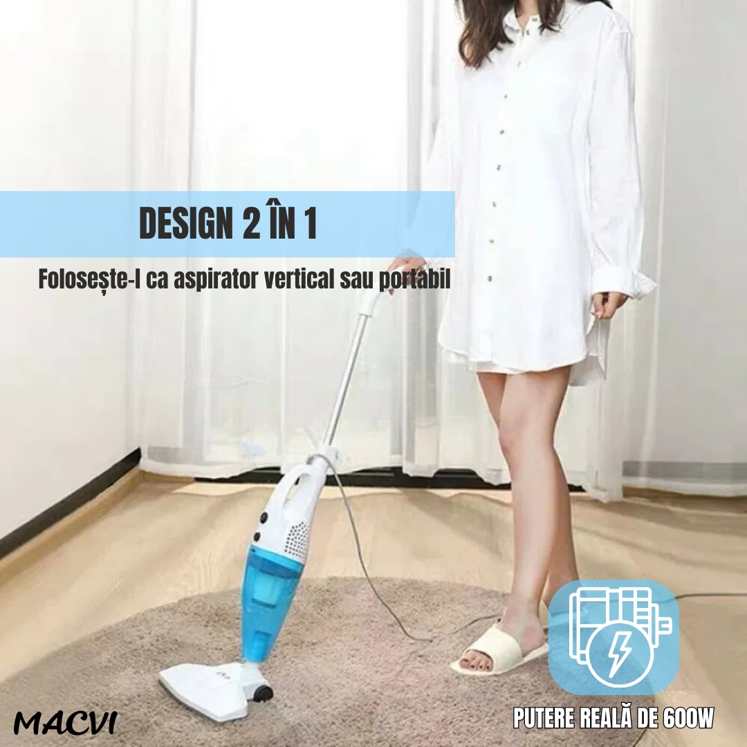 Aspirator Macvi, vertical si de mana 2 in 1, 600W, alb/albastru