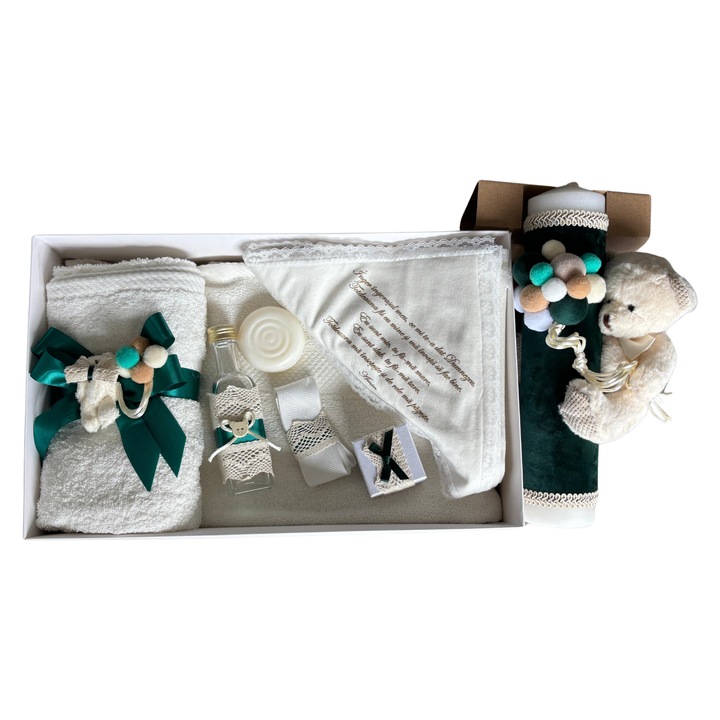 Trusou botez, complet, alb/verde, 8 piese, ursulet