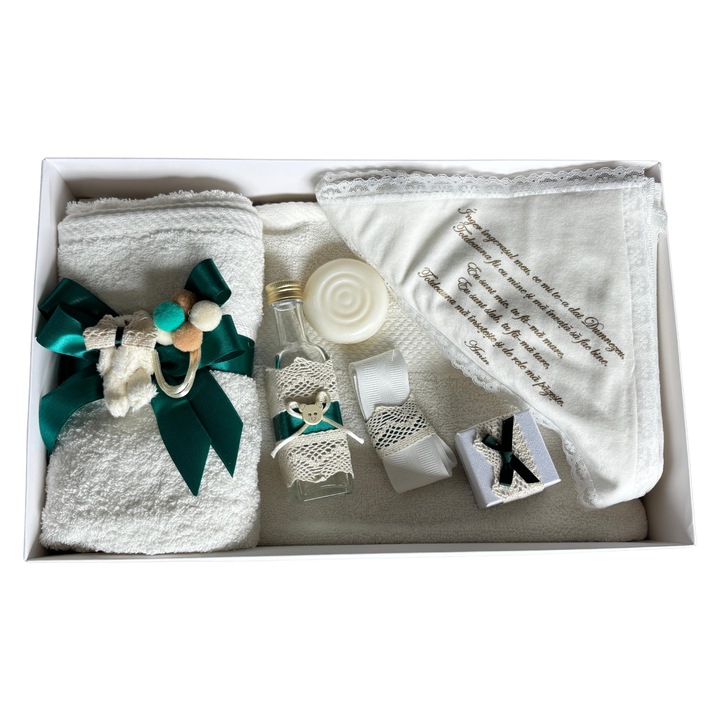 Trusou botez set complet, Loona's, alb/verde, 7 piese, ursulet