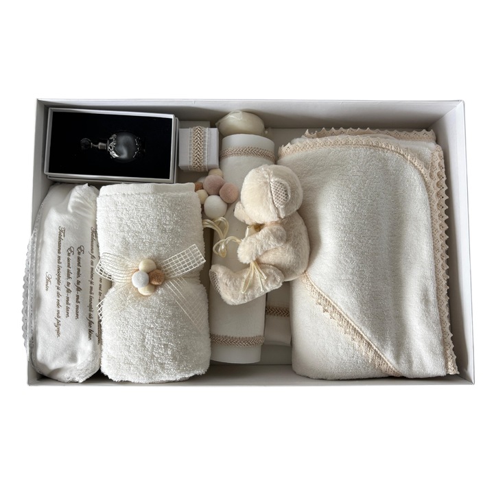 Set trusou botez, Loona's, 8 piese, lumanare, alb/crem