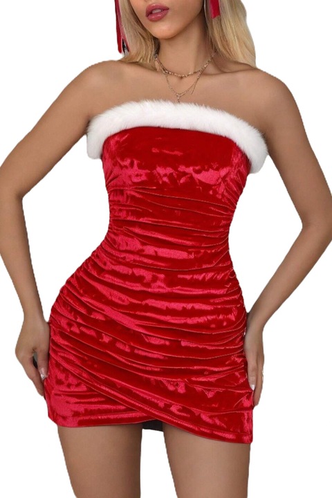 Rochie craciunita, catifea rosie cu blanita alba, rochie Craciun, Christmas party, petrecere birou, marimea S