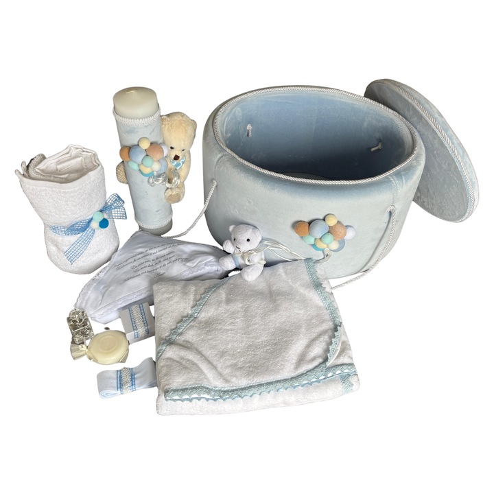 Set trusou botez Loona's, 8 piese, albastru, cu cufar din catifea buretat