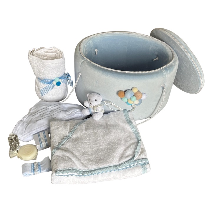 Trusou complet botez, Loona's, albastru, 7 piese, cufar catifea buretat