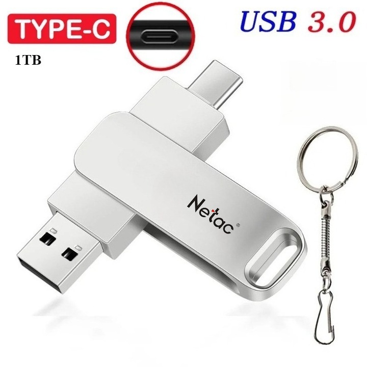 Memorie Netac USB 1TB, метал, USB 3.0 Type-C, сребрист, 6.3x1.23x0.69cm
