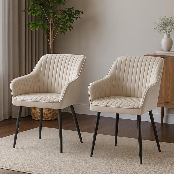 Комплект от 2 стола Elindor® Ергономични, Съвременен дизайн, Стол с облегалка и подлакътници, от кадифе с черни метални крака, Подходящи за всекидневна, кухня, офис, спалня, Ширина на седалката 49 см, 55,5 x 43 x 83 см, Светлобежов