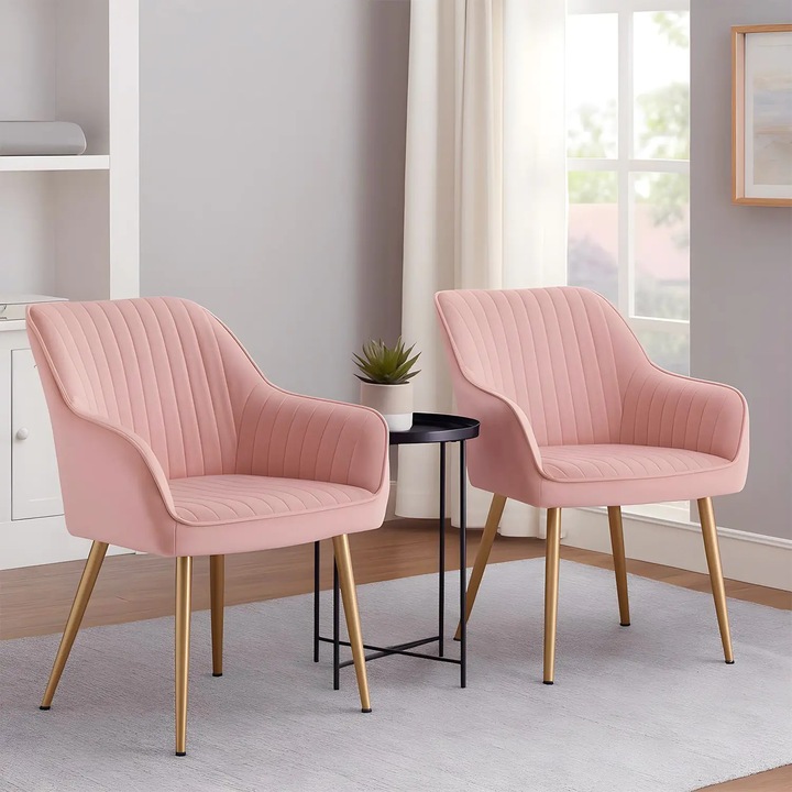 Комплект 2 Стола Elindor® Ергономични, Съвременен Дизайн, Стол с Облегалка и Подлакътници, от Кадифе със Златни Метални Крака, Подходящи за Всекидневна, Кухня, Офис, Спалня, Ширина на Седалката 49 см, 55.5 x 43 x 83 см, Розов