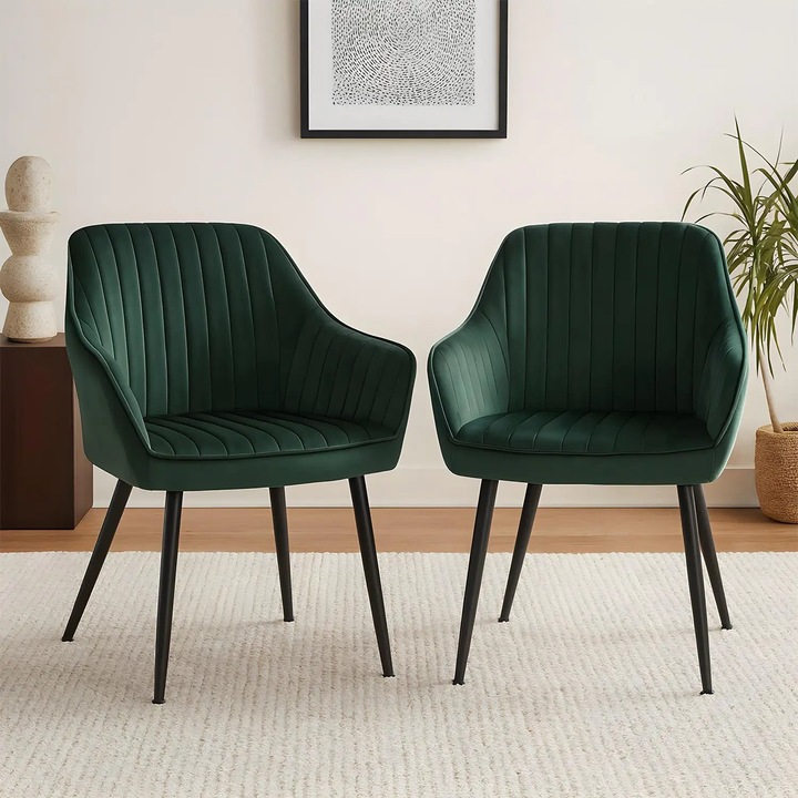 Комплект от 2 стола Elindor® Ергономични, Съвременен дизайн, Стол с облегалка и подлакътници, от кадифе с черни метални крака, Подходящи за всекидневна, кухня, офис, спалня, Ширина на седалката 49 см, 55.5 x 43 x 83 см, Тъмнозелен