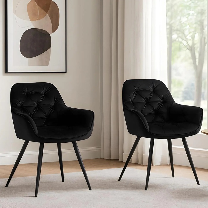 Комплект от 2 стола Elindor® Ергономични, Модерен и Елегантен Дизайн, Стол с Облегалка и Подлакътници, от Кадифе с Черни Метални Крака, Подходящи за Всекидневна, Кухня, Офис, Спалня, Ширина на Седалката 49 см, 61 x 60 x 87 см, Черен