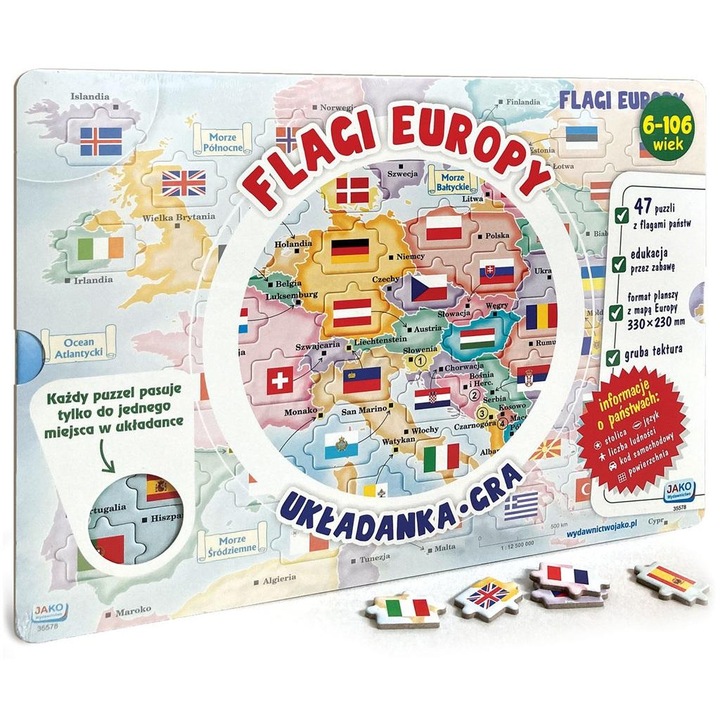 Oktató puzzle Európa térképpel Wydawnictwo Jako, 47 darabos, zászlókkal, 2-4 játékos