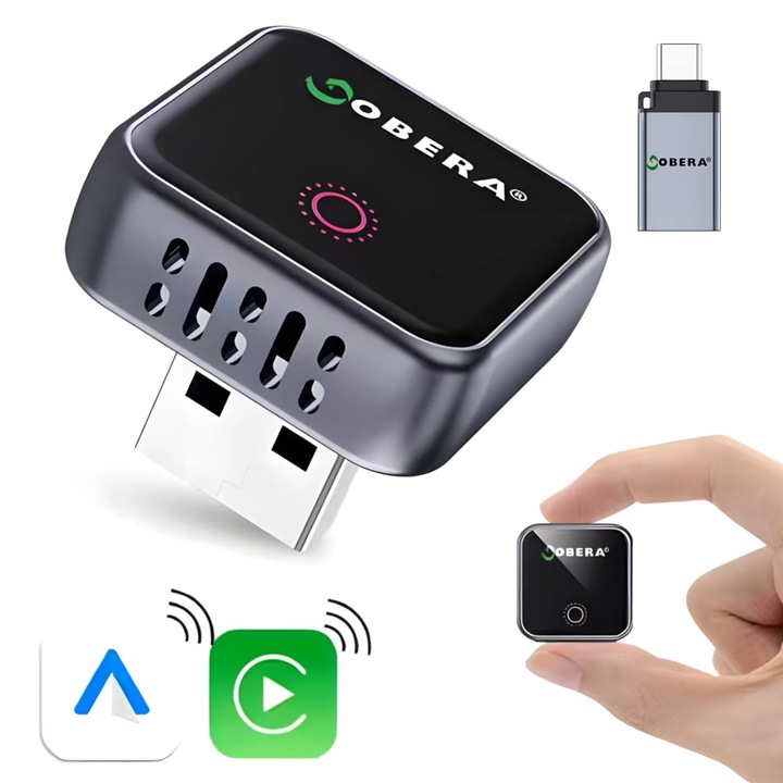 Adaptor Mini Wireless goBERA®️ CarPlay & Android Auto, Plug & Play, Bluetooth 5.3, Wi-Fi 5G, procesor A7, control vocal si touch, reconectare automata, compatibil iOS & Android, design compact din aluminiu, performanta rapida, Negru