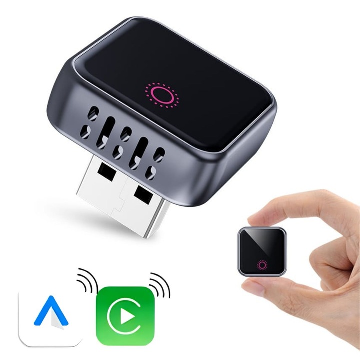 goBERA®️ CarPlay & Android Auto Mini vezeték nélküli adapter, Plug & Play, Bluetooth 5.3, Wi-Fi 5G, A7 processzor, hang- és érintésvezérlés, automatikus újracsatlakozás, iOS és Android kompatibilis, kompakt alumínium design, gyors teljesítmény, fekete