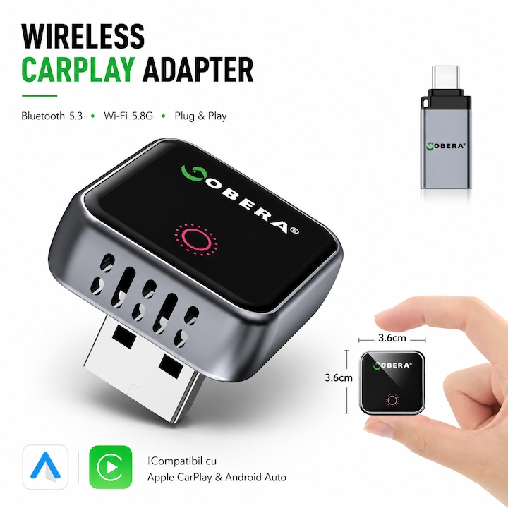 Adaptor Mini Wireless goBERA®️ CarPlay & Android Auto, Plug & Play, Bluetooth 5.3, Wi-Fi 5G, procesor A7, control vocal si touch, reconectare automata, compatibil iOS & Android, design compact din aluminiu, performanta rapida, Negru