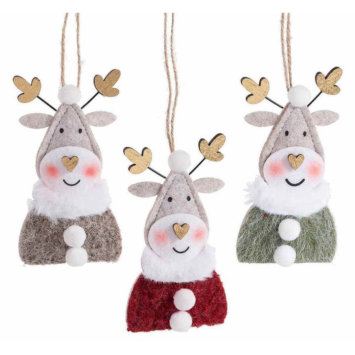 Комплект 12 коледни украшения за елха Елени, текстилни, многоцветни, 7 x 12,5 см В