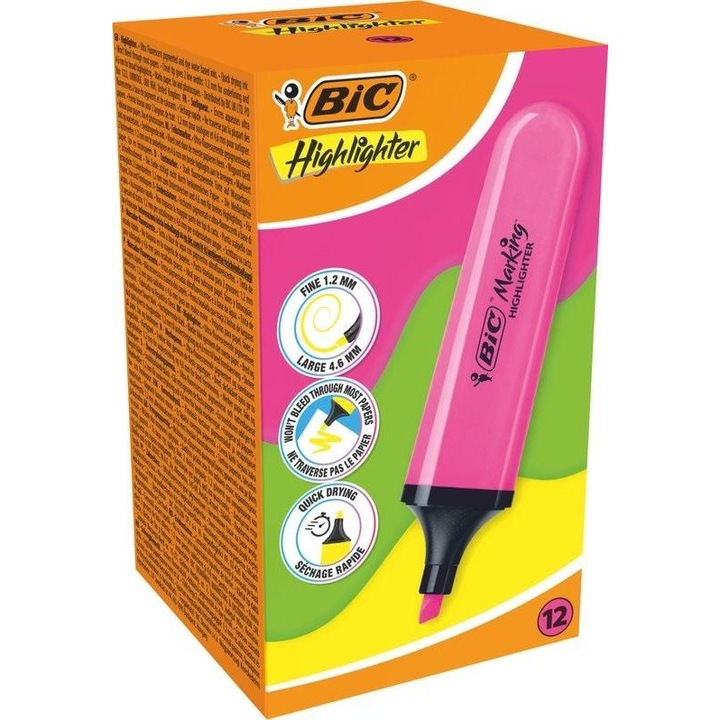 Текстов маркер BIC Highlighter, двоен връх 1.2/4.6 мм, бързосъхнещ, неоново розов, 12 бр