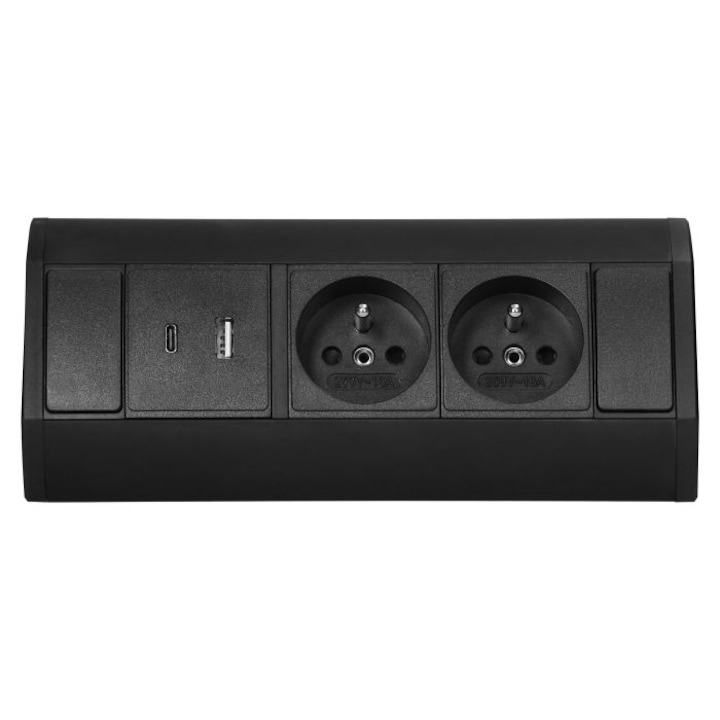 Мебелни контакти с 2 контакта тип E, 2xUSB (A+C 2,4A), черен, 0,6м