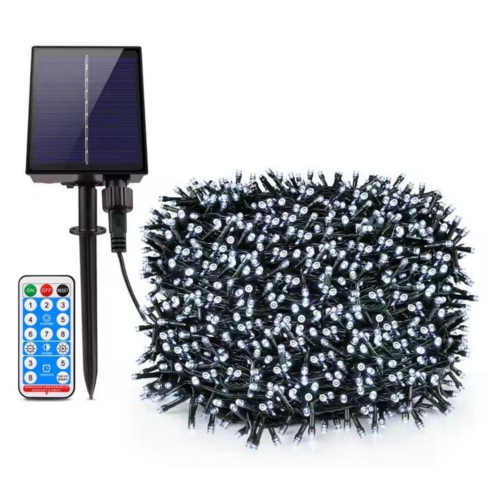 Instalație solară decorativă 500 LED, 50m, rezistentă la apă IP67, lumină alb rece, telecomandă inclusă
