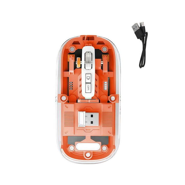 Mouse, Wireless, Bluetooth+2.4GHz, Receptor USB, Ajustabil 800/1000/1200/1600 DPI, Reincarcabil Type-C, Silent, Portocaliu