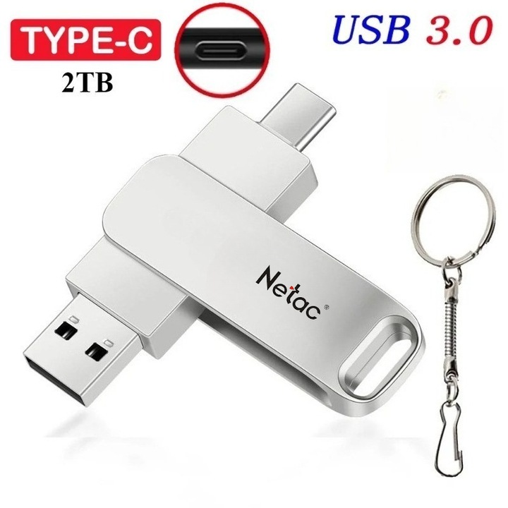 Memorie Netac USB 2TB, метална, USB 3.0 Тип-C, сребриста, 6.3x1.23x0.69см