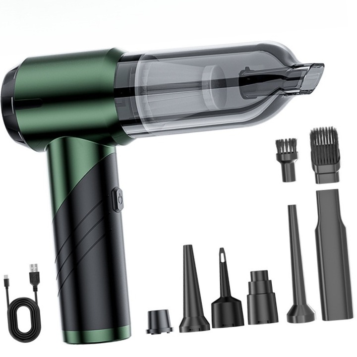 Hordozható autó porszívó 4 az 1-ben, 16000Pa, zöld, 9 tartozék, újrahasználható HEPA szűrőkészlettel