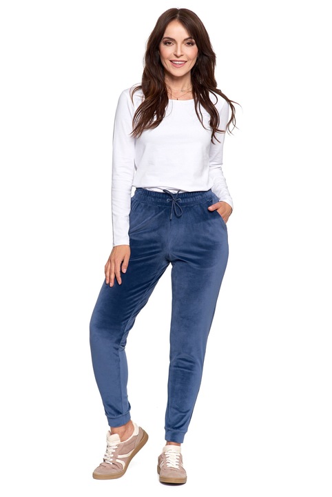 Pantaloni dama, Moraj, catifea, talie inalta, croiala slim, albastru