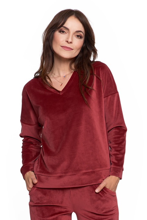 Női pulóver Moraj, puha bársony, laza szabású, V-nyakú