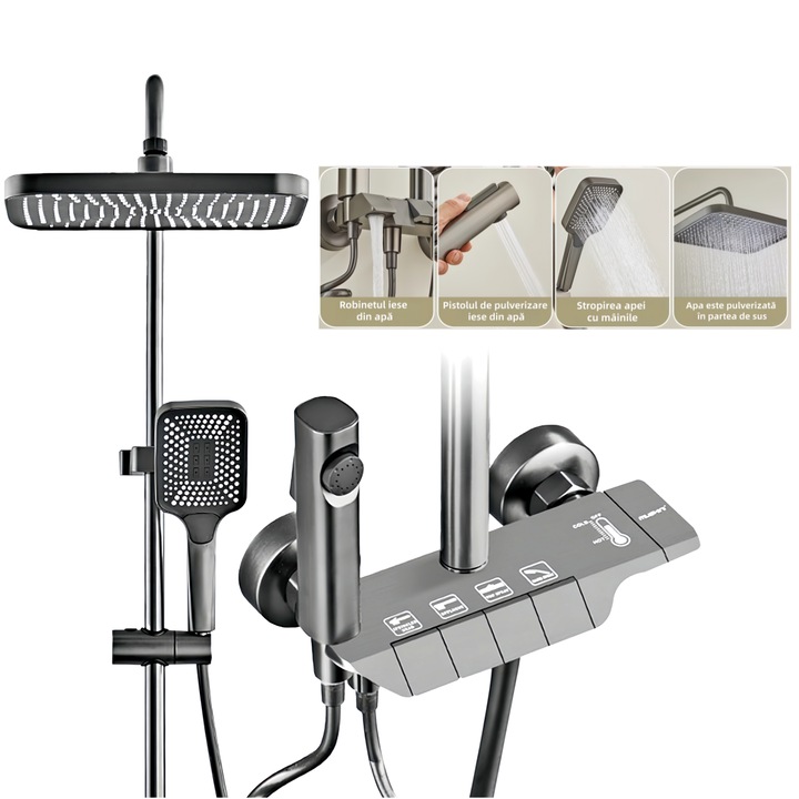 Coloană de duş completă, Wacorresi, cap de duş cu efect de ploaie, filtru pentru apă dură, gri