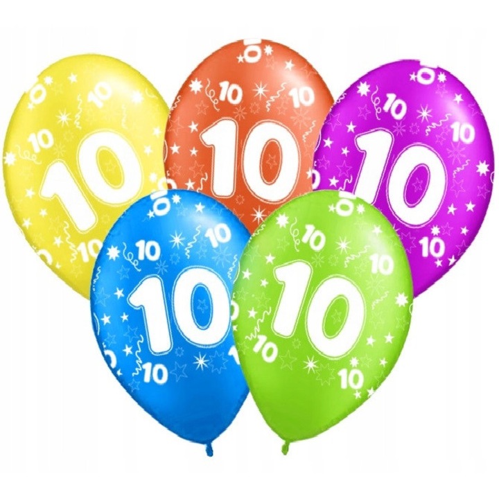 Комплект цветни балони с цифра 10, PartyPro, 5 броя, многоцветен, 40см
